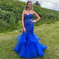 Mermaid Strapless Tulle Tiered Prom Dresses With Appliques