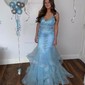 Mermaid V-neck Tulle Ruffle Prom Dresses With Beading