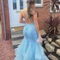 Mermaid V-neck Tulle Ruffle Prom Dresses With Beading