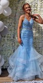 Mermaid V-neck Tulle Ruffle Prom Dresses With Beading