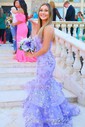 Mermaid V-neck Sequin Tiered Prom Dresses With 3D Floral