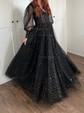 Black Ball Gown V-neck Tulle Prom Dresses With Puff Sleeve