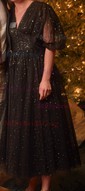 Black Ball Gown V-neck Tulle Prom Dresses With Puff Sleeve