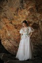 Ball Gown V-neck Puff Sleeve Tulle Prom Dresses With Floral