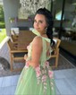 Ball Gown V-neck Tulle 3D Floral Prom Dresses