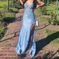 Mermaid V-neck Ruched Satin Prom Dresses with Appliques