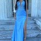 Mermaid V-neck Ruched Satin Prom Dresses with Appliques