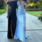 Mermaid V-neck Ruched Satin Prom Dresses with Appliques