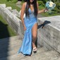 Mermaid V-neck Ruched Satin Prom Dresses with Appliques