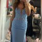 Mermaid V-neck Ruched Satin Prom Dresses with Appliques