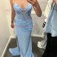 Mermaid V-neck Ruched Satin Prom Dresses with Appliques