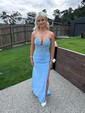 Mermaid V-neck Ruched Satin Prom Dresses with Appliques