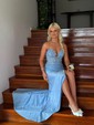 Mermaid V-neck Ruched Satin Prom Dresses with Appliques