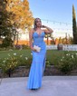 Mermaid V-neck Ruched Satin Prom Dresses with Appliques