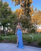 Mermaid V-neck Ruched Satin Prom Dresses with Appliques