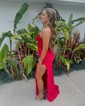 Mermaid V-neck Ruched Satin Prom Dresses with Appliques
