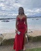 Mermaid V-neck Ruched Satin Prom Dresses with Appliques