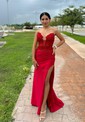 Mermaid V-neck Ruched Satin Prom Dresses with Appliques