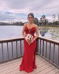Mermaid V-neck Ruched Satin Prom Dresses with Appliques