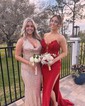 Mermaid V-neck Ruched Satin Prom Dresses with Appliques