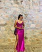 Trumpet/Mermaid V-neck Silk-like Satin Sweep Train Prom Dresses With Beading