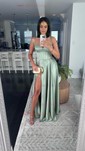 A-line Sweetheart Corset Satin Prom Dresses with Slit