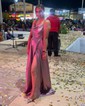 A-line Cowl Neck Satin Prom Dresses with Slit