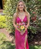 Sheath/Column V-neck Sparkly Sequin Backless Prom Dresses