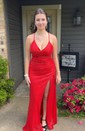 Sheath/Column V-neck Sparkly Sequin Backless Prom Dresses
