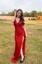Sheath/Column V-neck Sparkly Sequin Backless Prom Dresses