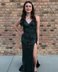 Sheath/Column V-neck Sparkly Sequin Backless Prom Dresses
