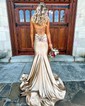 Mermaid V-neck Jersey Backless Prom Dresses With Ruched