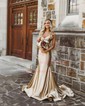 Mermaid V-neck Jersey Backless Prom Dresses With Ruched