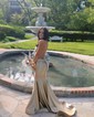 Mermaid V-neck Jersey Backless Prom Dresses With Ruched