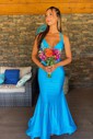 Mermaid V-neck Jersey Cut Out Prom Dresses With Ruched