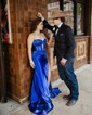Mermaid Strapless Satin Cut Out Prom Dresses With Ruched
