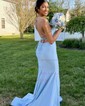 Mermaid V-neck Jersey Backless Prom Dresses With Ruched