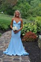 Mermaid V-neck Jersey Backless Prom Dresses With Ruched
