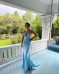 Mermaid V-neck Jersey Backless Prom Dresses With Ruched