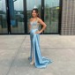 Sheath/Column V-neck Ruched Satin Prom Dresses With Beading