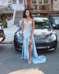 Sheath/Column V-neck Ruched Satin Prom Dresses With Beading