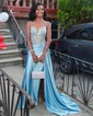Sheath/Column V-neck Ruched Satin Prom Dresses With Beading
