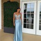 Sheath/Column V-neck Ruched Satin Prom Dresses With Beading