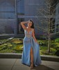 Sheath/Column V-neck Ruched Satin Prom Dresses With Beading