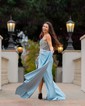 Sheath/Column V-neck Ruched Satin Prom Dresses With Beading