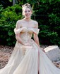 Ball Gown Off-the-shoulder Glitter Tulle Prom Dresses With Appliques