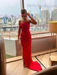 Sheath/Column Strapless Silk-like Satin Sweep Train Prom Dresses With Split Front