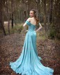 Sheath/Column Off-the-shoulder Silk-like Satin Sweep Train Prom Dresses With Beading