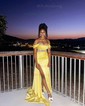 Sheath/Column Off-the-shoulder Silk-like Satin Sweep Train Prom Dresses With Beading