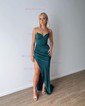 Sheath/Column V-neck Silk-like Satin Sweep Train Prom Dresses With Split Front